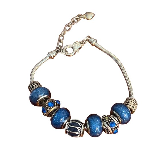 Khloelle Charm Bracelet Silver Tone Blue Glitter Add Bead Adj 7.5" + 2" Jewelry - Picture 1 of 5